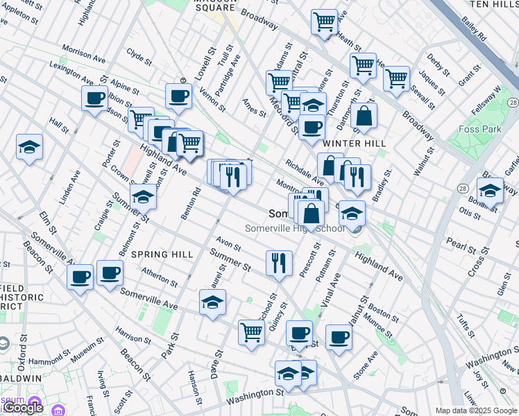 map of restaurants, bars, coffee shops, grocery stores, and more near 14 Sycamore Street in Somerville