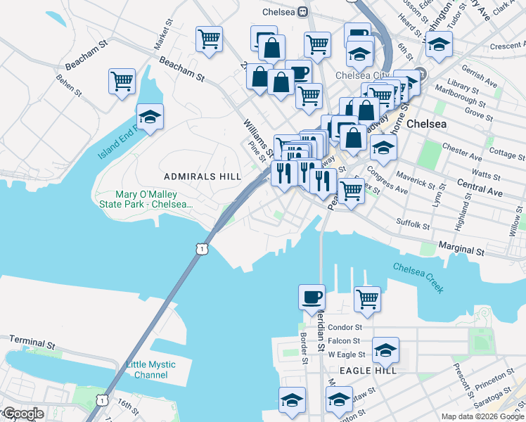 map of restaurants, bars, coffee shops, grocery stores, and more near 69 Broadway in Chelsea