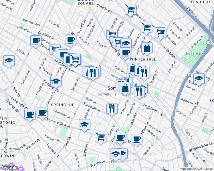map of restaurants, bars, coffee shops, grocery stores, and more near 14 Sycamore Street in Somerville