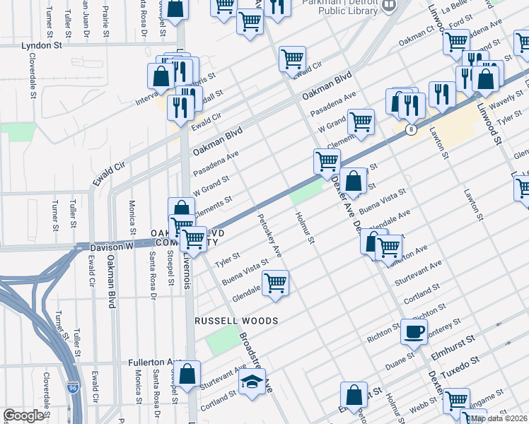 map of restaurants, bars, coffee shops, grocery stores, and more near 4066 West Davison in Detroit