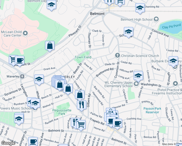 map of restaurants, bars, coffee shops, grocery stores, and more near 77 Benjamin Road in Belmont