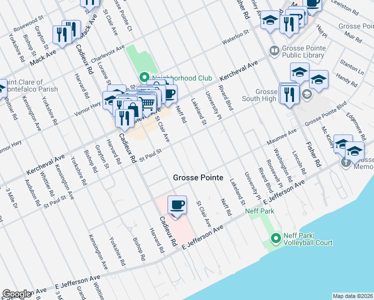 map of restaurants, bars, coffee shops, grocery stores, and more near 515 Neff Road in Grosse Pointe