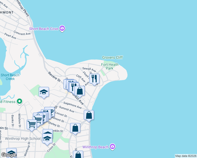 map of restaurants, bars, coffee shops, grocery stores, and more near 41 Sewall Avenue in Winthrop