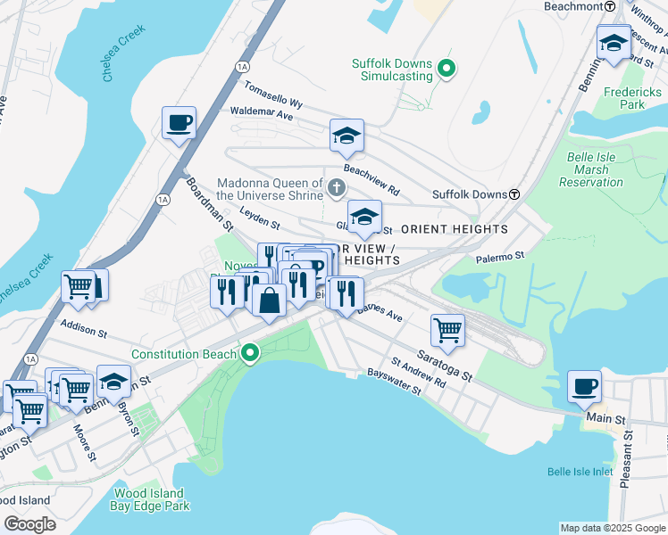 map of restaurants, bars, coffee shops, grocery stores, and more near 35 Ashley Street in Boston