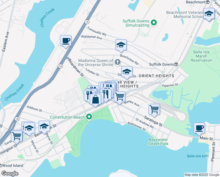 map of restaurants, bars, coffee shops, grocery stores, and more near 53 Ashley Street in Boston