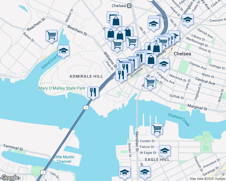 map of restaurants, bars, coffee shops, grocery stores, and more near 69 Broadway in Chelsea