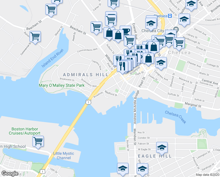 map of restaurants, bars, coffee shops, grocery stores, and more near 69 Broadway in Chelsea