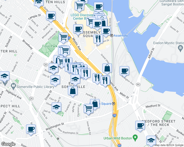 map of restaurants, bars, coffee shops, grocery stores, and more near 1162 Austin Street in Somerville