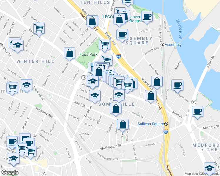 map of restaurants, bars, coffee shops, grocery stores, and more near 149 Broadway in Somerville