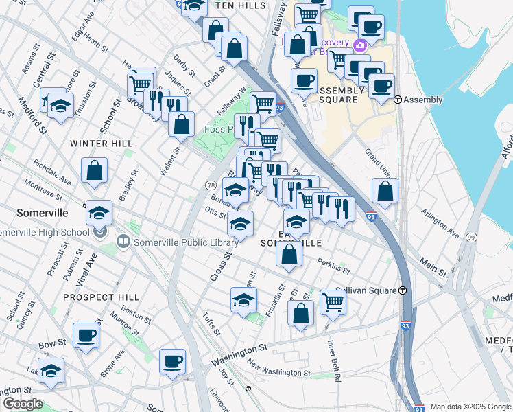 map of restaurants, bars, coffee shops, grocery stores, and more near 174 Broadway in Somerville