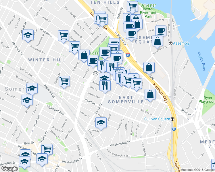 map of restaurants, bars, coffee shops, grocery stores, and more near 174 Broadway in Somerville