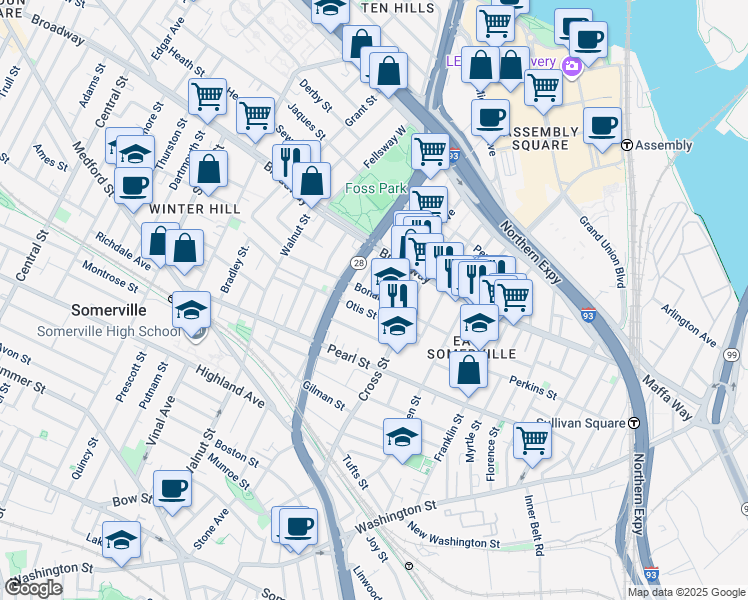 map of restaurants, bars, coffee shops, grocery stores, and more near 23 Bonair Street in Somerville