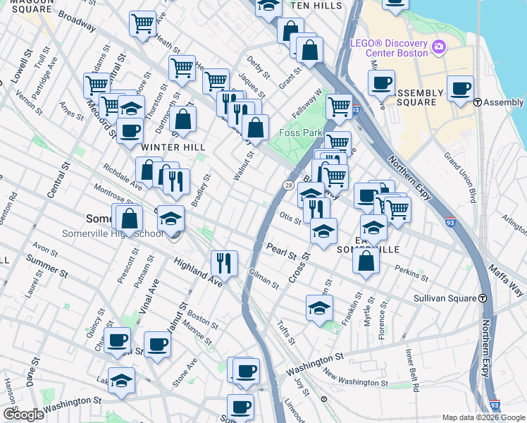 map of restaurants, bars, coffee shops, grocery stores, and more near 39 Wigglesworth Street in Somerville