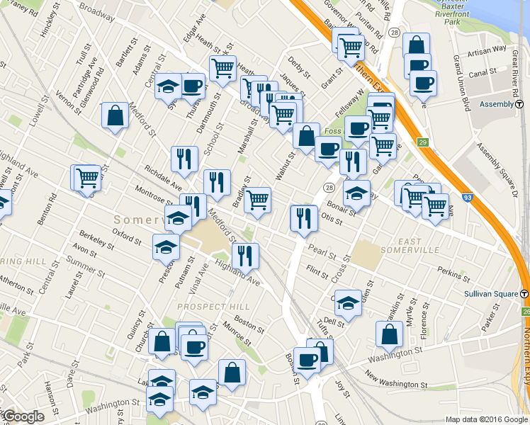 map of restaurants, bars, coffee shops, grocery stores, and more near 132 Walnut Street in Somerville