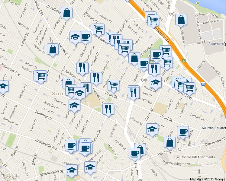 map of restaurants, bars, coffee shops, grocery stores, and more near 132 Walnut Street in Somerville