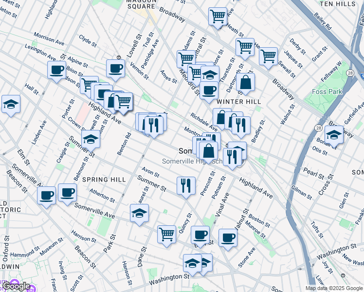 map of restaurants, bars, coffee shops, grocery stores, and more near 14 Sycamore Street in Somerville