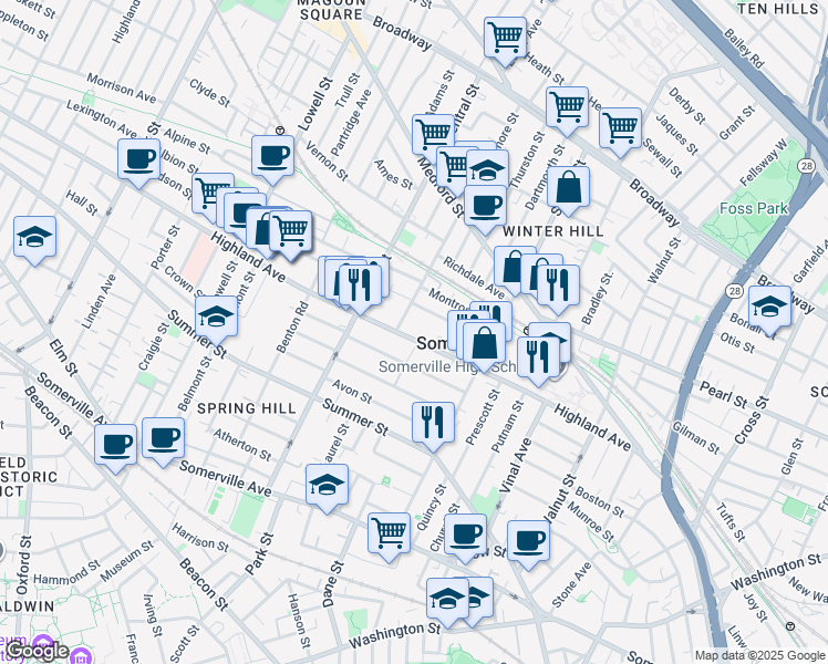 map of restaurants, bars, coffee shops, grocery stores, and more near 14 Sycamore Street in Somerville