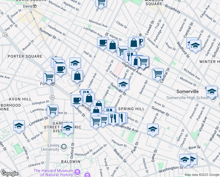 map of restaurants, bars, coffee shops, grocery stores, and more near 215 Summer Street in Somerville