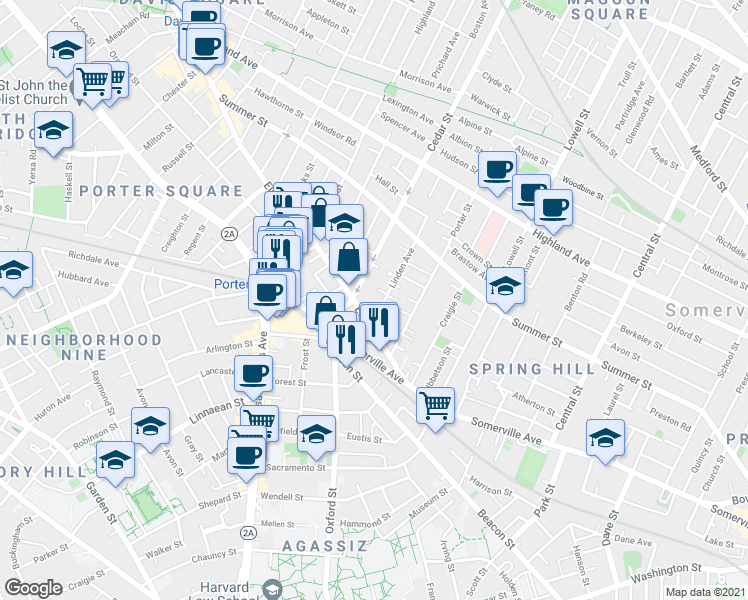 map of restaurants, bars, coffee shops, grocery stores, and more near in Somerville