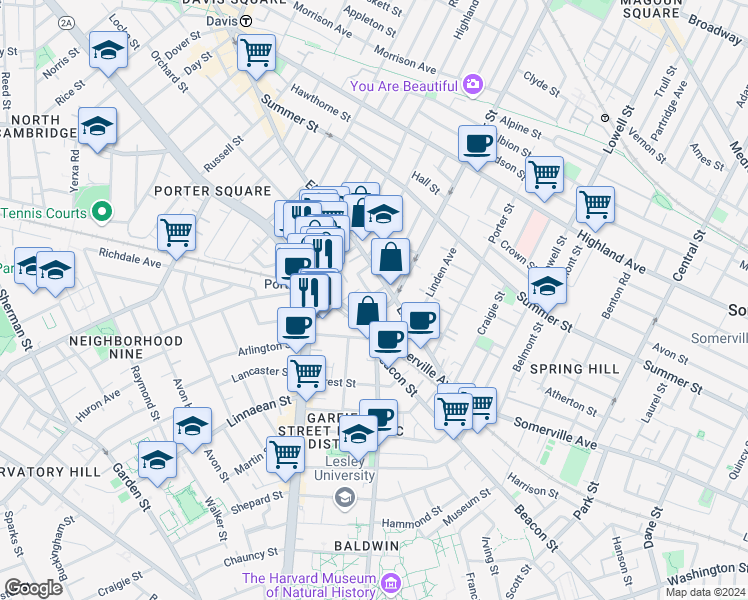 map of restaurants, bars, coffee shops, grocery stores, and more near 31A Holyoke Road in Somerville