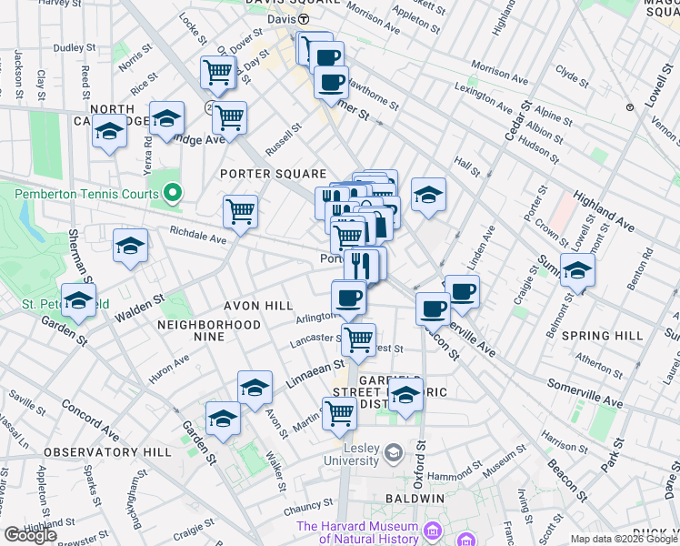 map of restaurants, bars, coffee shops, grocery stores, and more near 1899 Massachusetts Avenue in Cambridge