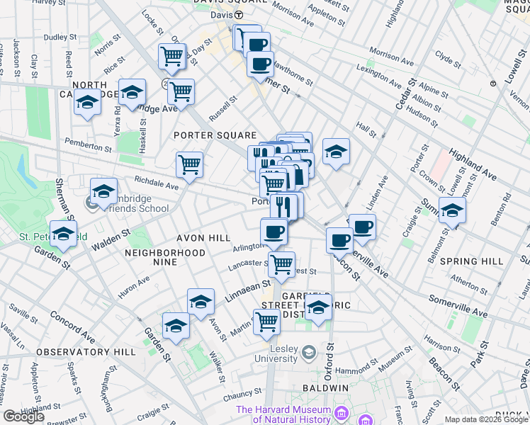 map of restaurants, bars, coffee shops, grocery stores, and more near 1899 Massachusetts Avenue in Cambridge