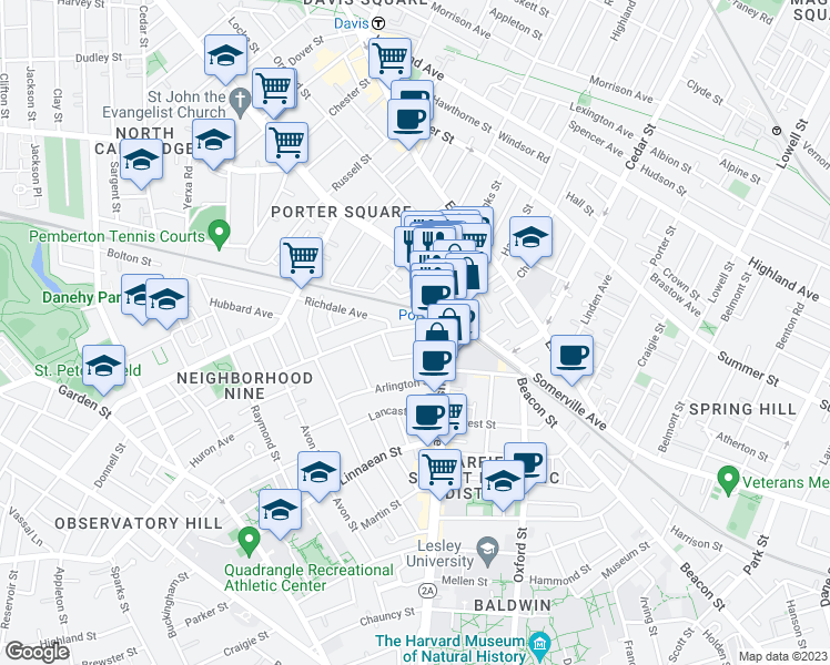 map of restaurants, bars, coffee shops, grocery stores, and more near 1 Richdale Avenue in Cambridge