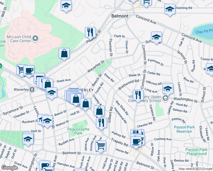 map of restaurants, bars, coffee shops, grocery stores, and more near 28 Upland Road in Belmont