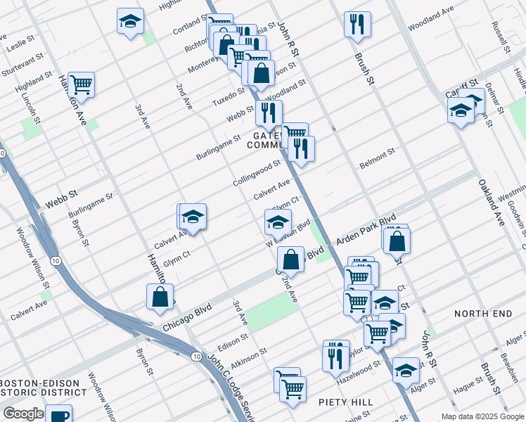 map of restaurants, bars, coffee shops, grocery stores, and more near 111 Calvert Avenue in Detroit