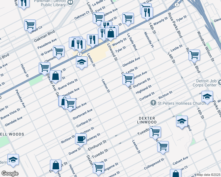 map of restaurants, bars, coffee shops, grocery stores, and more near 2705 Leslie Street in Detroit