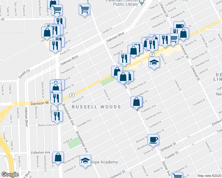 map of restaurants, bars, coffee shops, grocery stores, and more near 3761 Waverly Street in Detroit