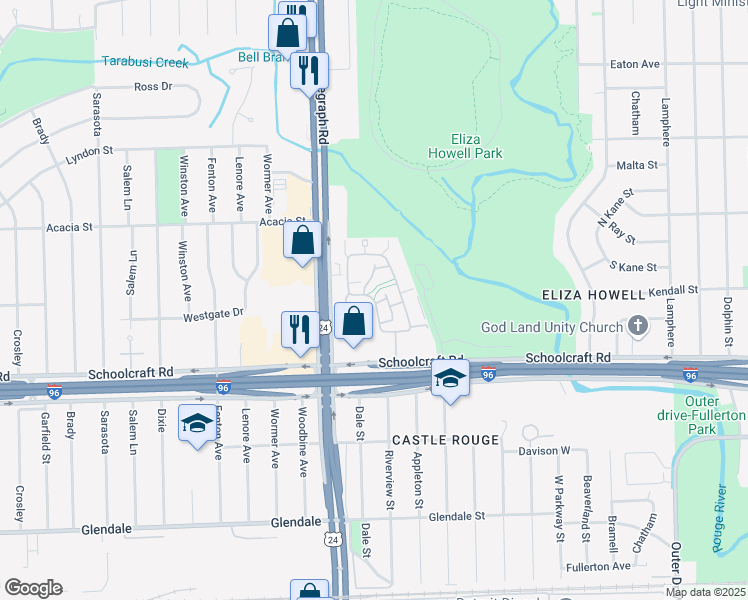 map of restaurants, bars, coffee shops, grocery stores, and more near 14075 Riverview Street in Detroit