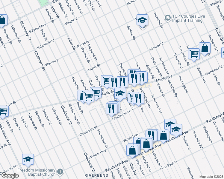 map of restaurants, bars, coffee shops, grocery stores, and more near 3552 Maryland Street in Detroit