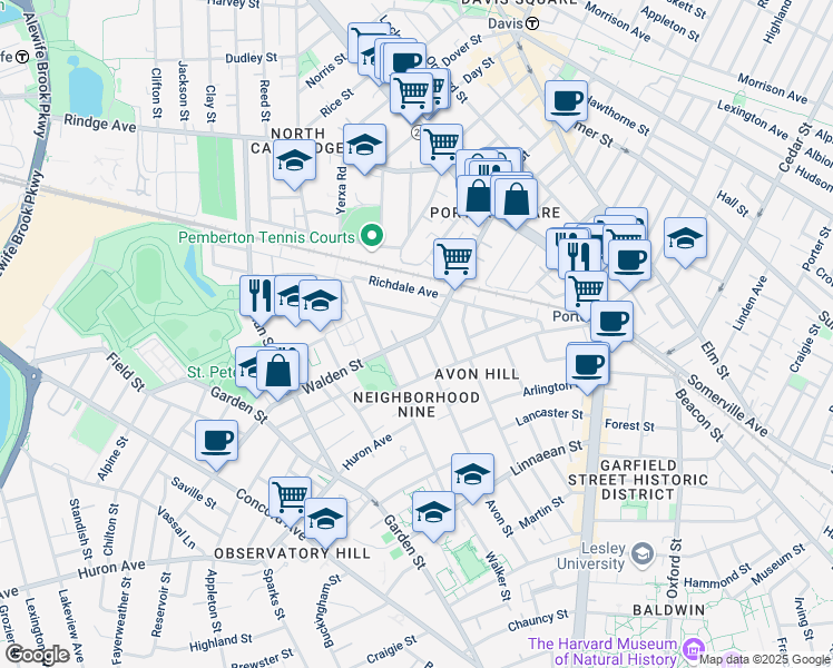 map of restaurants, bars, coffee shops, grocery stores, and more near 36 Hubbard Avenue in Cambridge