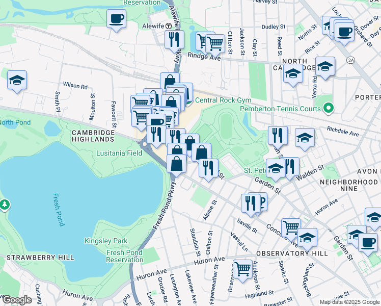 map of restaurants, bars, coffee shops, grocery stores, and more near 66 New Street in Cambridge
