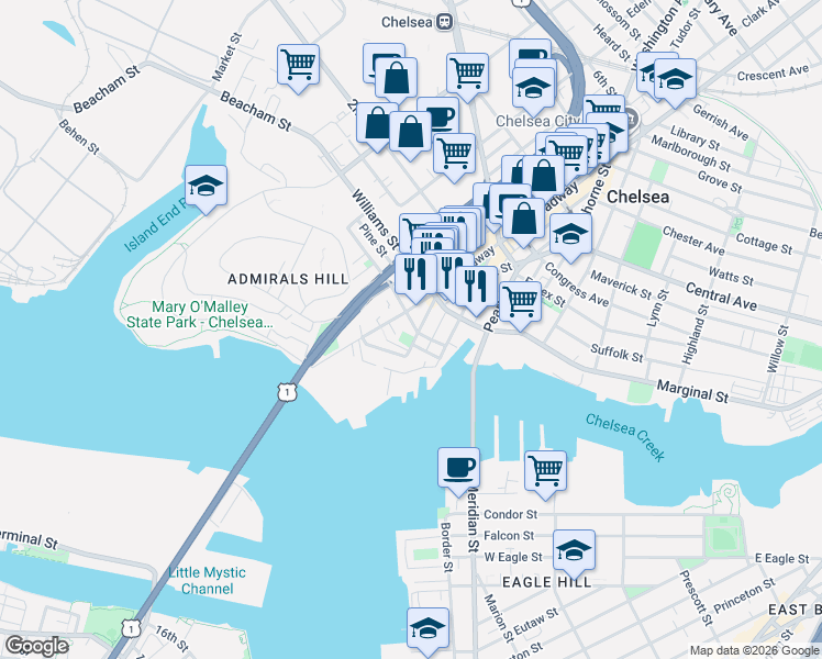 map of restaurants, bars, coffee shops, grocery stores, and more near 105 Broadway in Chelsea