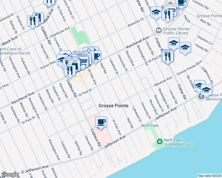 map of restaurants, bars, coffee shops, grocery stores, and more near 515 Neff Road in Grosse Pointe