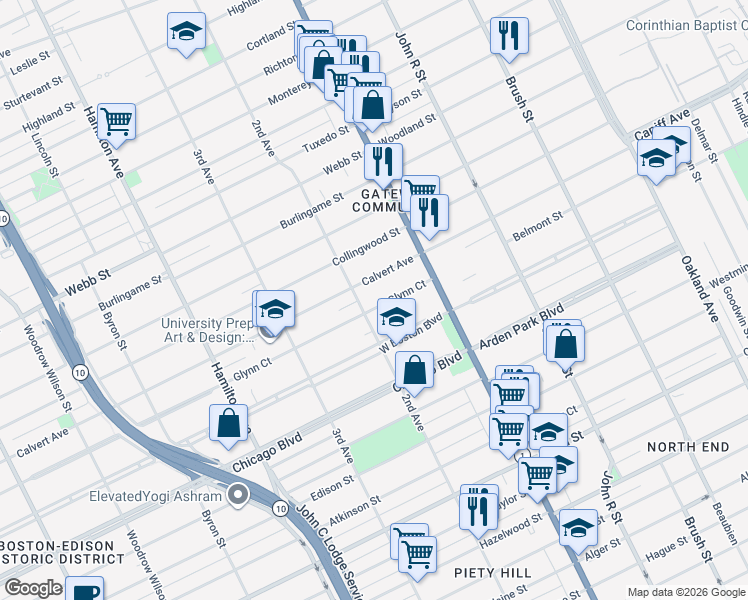 map of restaurants, bars, coffee shops, grocery stores, and more near 111 Calvert Avenue in Detroit