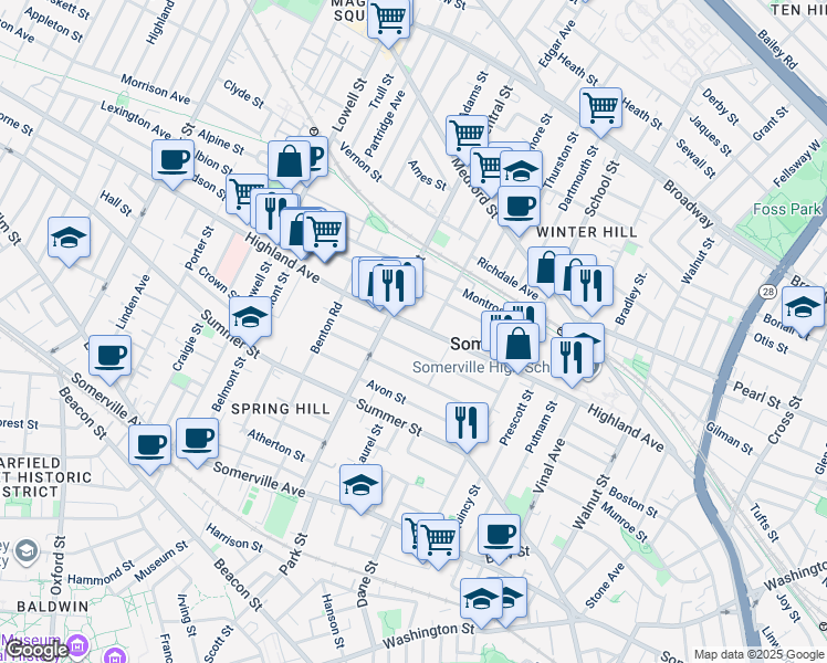 map of restaurants, bars, coffee shops, grocery stores, and more near 140 Highland Avenue in Somerville