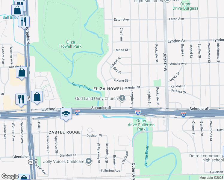 map of restaurants, bars, coffee shops, grocery stores, and more near 22515 South Kane Street in Detroit