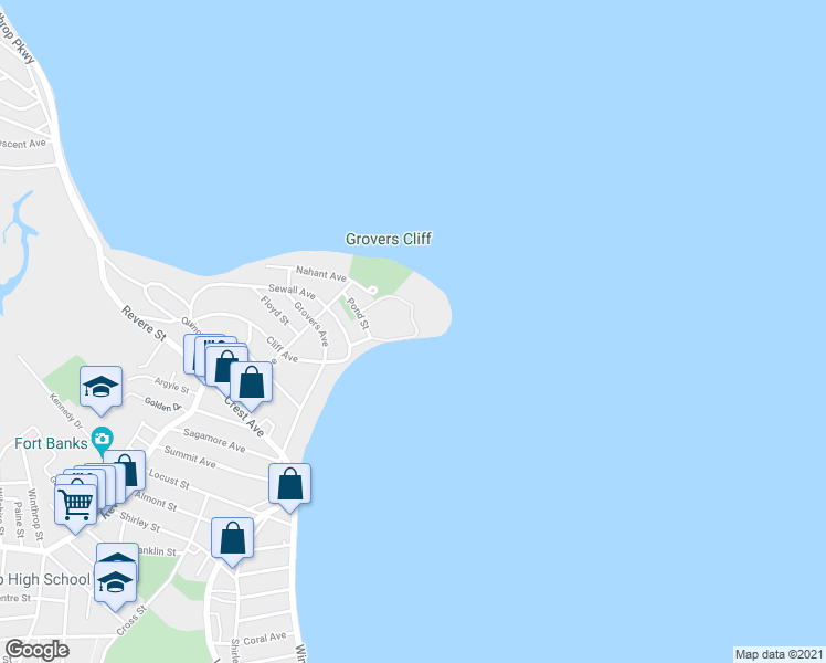 map of restaurants, bars, coffee shops, grocery stores, and more near 1 Seal Harbor Road in Winthrop