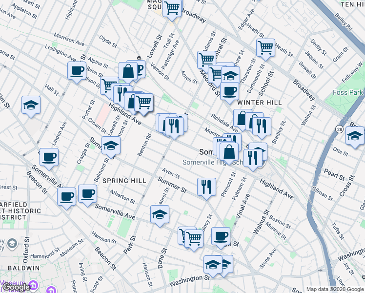 map of restaurants, bars, coffee shops, grocery stores, and more near 140 Highland Avenue in Somerville