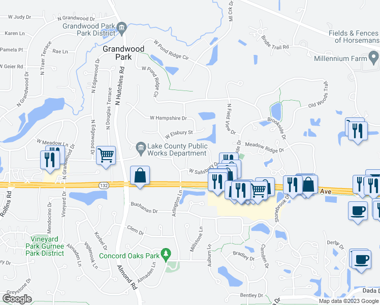 map of restaurants, bars, coffee shops, grocery stores, and more near 17872 W Braewick Rd in Gurnee