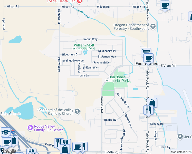 map of restaurants, bars, coffee shops, grocery stores, and more near 1277 Nadia Way in Central Point