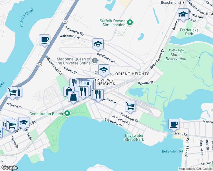 map of restaurants, bars, coffee shops, grocery stores, and more near 1 Ashley Street in Boston
