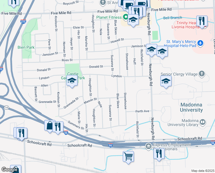map of restaurants, bars, coffee shops, grocery stores, and more near 14472 Nola in Livonia