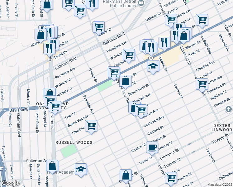 map of restaurants, bars, coffee shops, grocery stores, and more near 3747 Tyler Street in Detroit