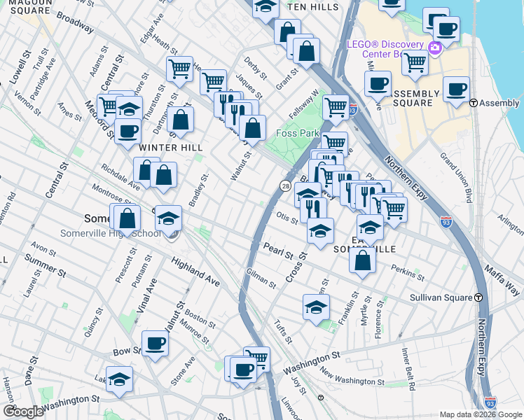 map of restaurants, bars, coffee shops, grocery stores, and more near in Somerville