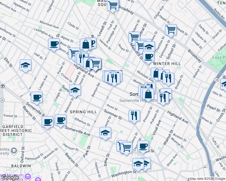 map of restaurants, bars, coffee shops, grocery stores, and more near 147C Highland Avenue in Somerville