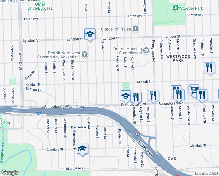 map of restaurants, bars, coffee shops, grocery stores, and more near 14056 Braile Street in Detroit